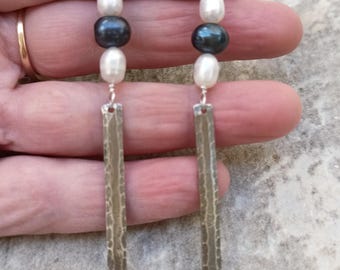 Hammered Sterling Silver Long Bar Earrings, White & Blue Pearl Dangles