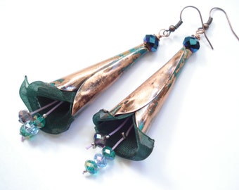 Copper Patina Beaded Earrings Verdigris Organza Handmade Earrings Czech Glass Beads Earrings Copper Rustic Flowers Earrings