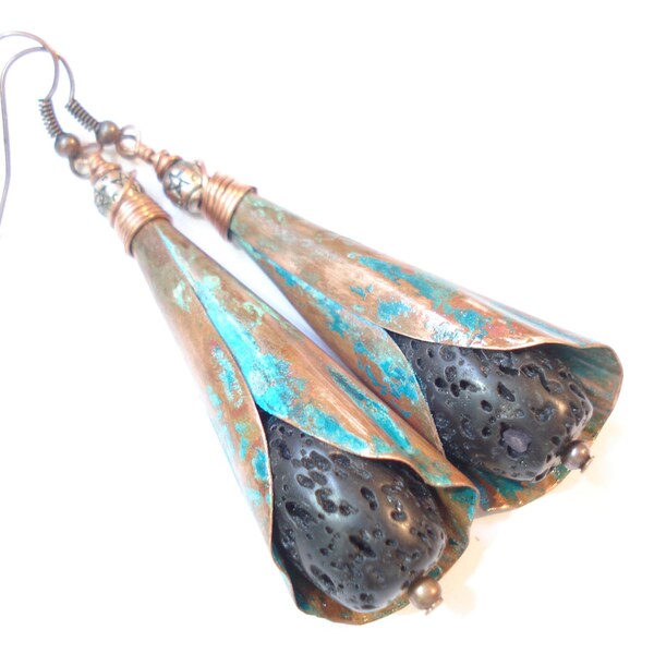 Copper Patina Black Lava Earrings Volcanic Santorini Rock Earrings Turquoise and Black Bouquets Earrings Unique Contemporary Boho Earrings