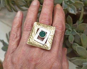 Hammered Silver Bronze Ring with Raw Malachite Stones Large Adjustable Statement Mixed Metal Ring