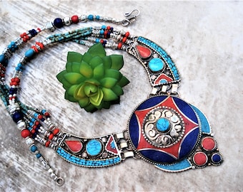 Tibetan Nepalese Handmade Turquoise Coral Lapis Sterling Silver Necklace Genuine Collectible Ethnic Necklace Unique Bold Vintage Necklace