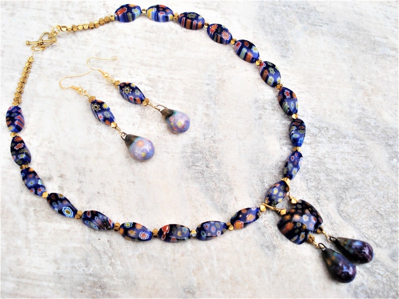 Set Millefiori Necklace and Earrings Italian Murano Glass Beads Lampwork and Porcelain Beads Necklace Blue and Gold Hematite Unique Necklace image 9