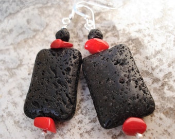 Santorini Black Lava Earrings Black Rectangle Lava Stones with Red Corals Sterling Silver Earrings Modern Statement Black and Red Earrings