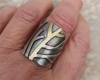 Mixed Metal Ring Hammered Silver and Bronze Cuff Ring Unique Modern Statement Adjustable Ring Soldered Big Band Ring Metalwork Ring