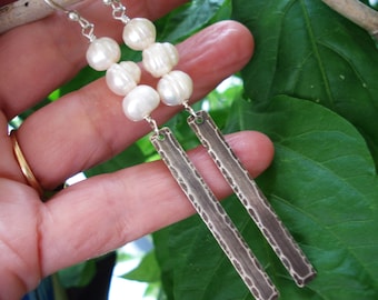 Hammered Silver Long Stick Earrings White Pearls Bar Earrings Minimalist Metalwork Boho Earrings Sterling Silver Unique Earrings