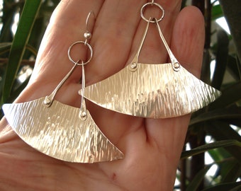 Hammered Silver Blade Handcrafted Earrings Unique Big Pendulum Riveted Earrings Statement Modern Large Earrings Sterling Silver Fan Earrings