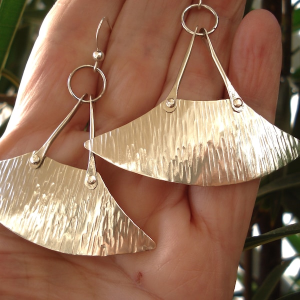 Hammered Silver Blade Handcrafted Earrings Unique Big Pendulum Riveted Earrings Statement Modern Large Earrings Sterling Silver Fan Earrings