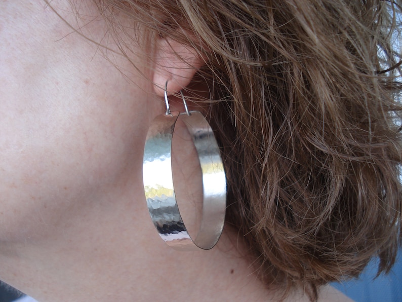 Hammered Silver Big Hoop Earrings Contemporary Unique Handcrafted Hoops Modern Minimalist Sterling Silver Metalwork Large Hoop Earrings image 10