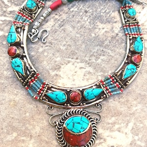 Tibetan Nepalese Necklace Turquoise Coral Sterling Silver Necklace Genuine Collectible Ethnic Necklace Tribal Vintage Necklace
