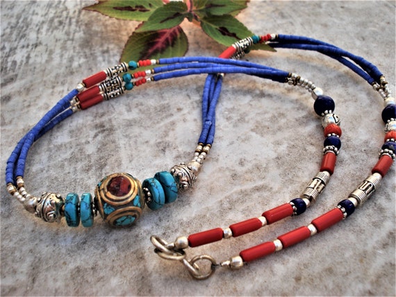 Nepalese Necklace Tibetan Turquoise Coral Lapis L… - image 2