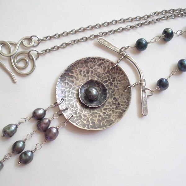 Hammered Silver Grey Tahitian Pearls Wirewrapped Necklace Oxidized Silver and Pearls Necklace Unique Metalwork Necklace
