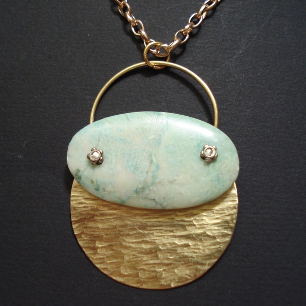 Hammered Bronze Turquoise Stone Riveted Pendant Unique Modern Gold and Turquoise Pendant Contemporary Metalwork Necklace