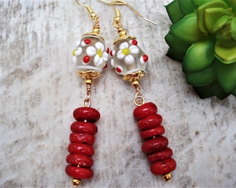 Corals and Lampwork Beads Earrings Spring Summer Accessory Modern Red and White Earrings Unique Contemporary Earrings Fused Glass and Corals