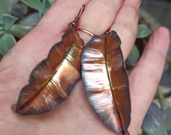 Fold Formed Copper Leaf Earrings Metalwork Hand Forged Artisan Boho Earrings