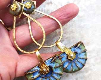 Porcelain Hoop Earrings Tribal Ceramic Earrings Boho Unique Blue Bronze Earrings Hammered Brass Porcelain Earrings Artisan Antique Earrings
