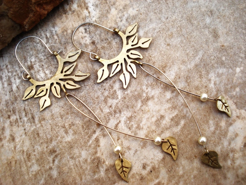 Long Leaf Hoop Earrings Bronze Leaves Earrings Pearls Leaf Very Long Earrings Wedding Hoop Earrings Unique Bridal Hoop Floral Earrings image 4