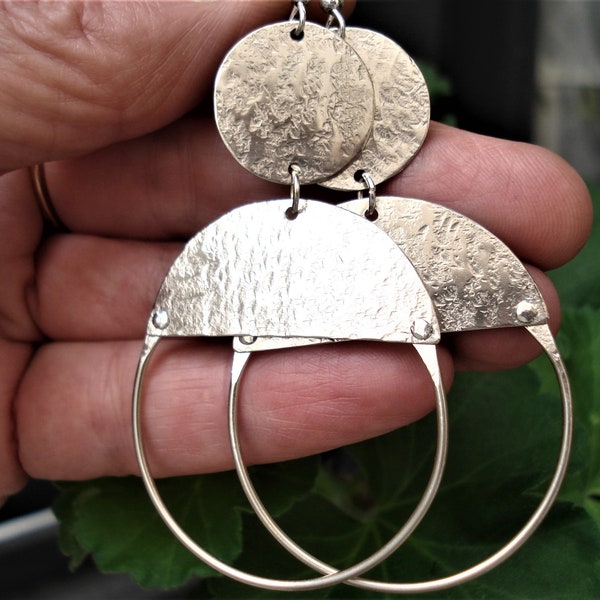 Hammered Silver Large Hoop Earrings Modern Cold Connection Celestial Earrings Unique Contemporary Statement Boho Metalwork Riveted Earrings