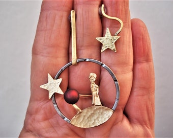 The Little Prince and Stars Asymmetrical Earrings Hammered Silver and Bronze Mixed Metal Earrings Metalwork Soldered Unique Modern Earrings