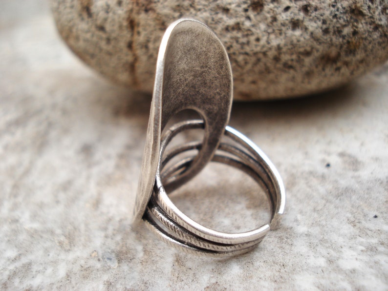 Hammered Silver Cuff Ring Unique Modern Statement Ring Adjustable Three Bands Ring Big Oval Ring Wide Band Ring Sterling Silver Plated Ring image 10