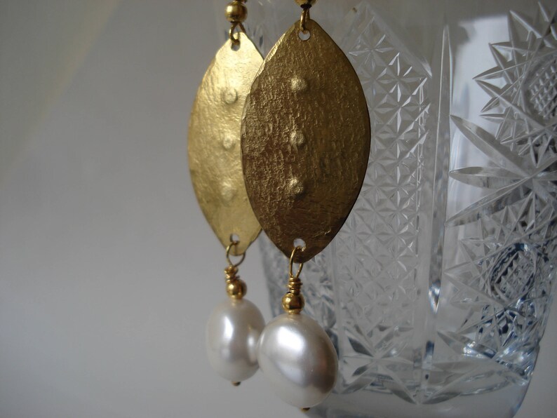 Hammered Bronze White Coin Pearls Earrings Christmas Gift for Etsy