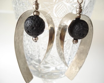 Hammered Sterling Silver Hoop Earrings: Santorini Black Lava Dangle