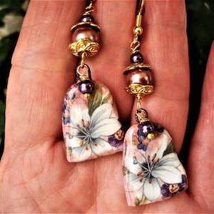 Porcelain Earrings Unique Ceramic Floral and Pearls Earrings Romantic Artisan Earrings Handcrafted Gold White and Purple Bohemian Earrings