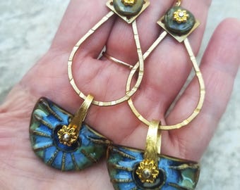Porcelain Hoop Earrings Tribal Ceramic Earrings Boho Unique Blue Bronze Earrings Hammered Brass Porcelain Earrings Artisan Antique Earrings