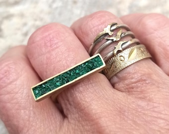 Brass Bar Ring Geometric Gemstone Malachite Minimal Dainty Ring Modern Adjustable Bar Ring Statement Thin Flat Bar Ring