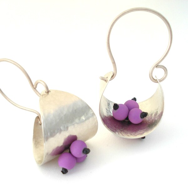 Hammered Silver Hoop Basket Earrings Silver Modern Purple Earrings Hand Formed Basket Drop Purple Earrings Modern Metalwork Silver Hoops