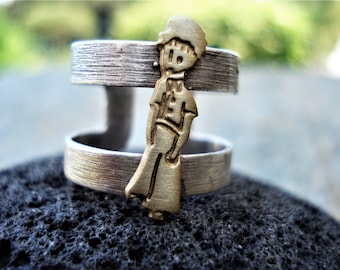 Mixed Metal Little Prince Ring Hammered Silver and Bronze Cuff Ring Unique Modern Statement Adjustable Keeper Ring Soldered Band Ring