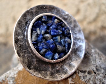 Hammered and Oxidized Silver with Lapis Lazuli Stones Flower Ring Unique Modern Statement Antique Faced Ring Silver Disc Soldered Big Ring