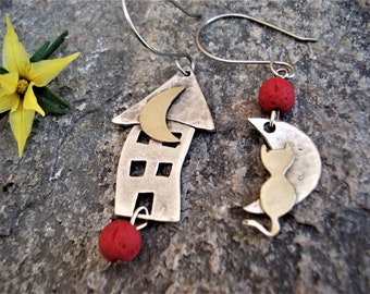 Celestial Mixed Metal Crescent Asymmetrical Earrings Cat Crescents House and Lava Cut Out Silver Bronze Unique Statement Soldered Earrings