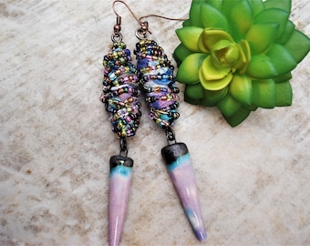 Unique Artisan Earrings Boho Ceramic Bronzy Spikes with Linen and Vintage Seed Beads Wire Wrapped Earrings Purple and Green Long Earrings