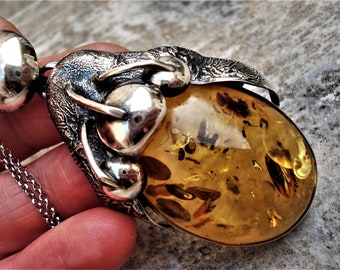 Large Cognac Baltic Amber Pendant Unisex Sterling Silver Pendant Huge Baltic Amber Sterling Silver Chain Taurus Birthstone Gemstone Necklace