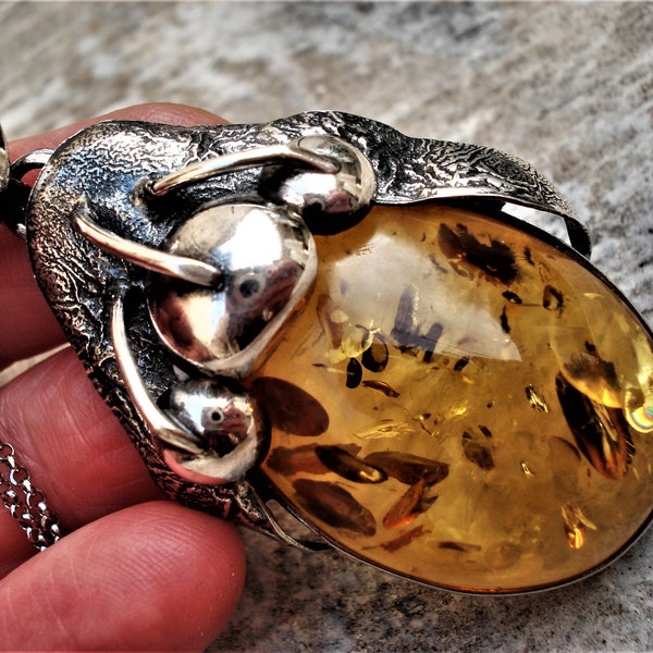 Large Cognac Baltic Amber Pendant Unisex Sterling Silver Pendant Huge Baltic Amber Sterling Silver Chain Taurus Birthstone Gemstone Necklace