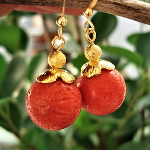 Red Coral Earrings Gold and Coral Earrings Modern Statement Earrings Gold Single Coral Earrings Minimalist Genuine Sponge Coral Earrings