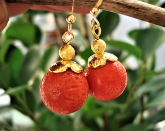 Gold Red Coral Earrings, Modern Statement Jewelry