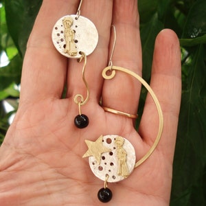 The Little Prince and Star Earrings Hammered Silver and Bronze Asymmetrical Earrings Mixed Metal Statement Earrings Unique Modern Earrings