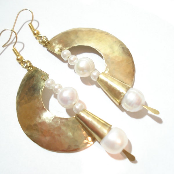 Hammered Bronze Pearls Unique Design Earrings Metalwork Fold Form Long Contemporary Earrings Bronze Earrings with Fresh Water Pearls