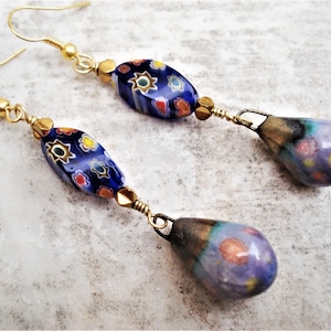 Set Millefiori Necklace and Earrings Italian Murano Glass Beads Lampwork and Porcelain Beads Necklace Blue and Gold Hematite Unique Necklace image 10