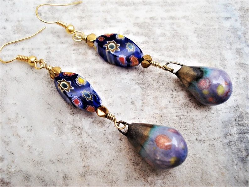 Set Millefiori Necklace and Earrings Italian Murano Glass Beads Lampwork and Porcelain Beads Necklace Blue and Gold Hematite Unique Necklace image 10