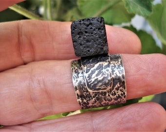 Santorini Lava Stone Riveted Ring Oxidized Hammered Silver Ring Adjustable Statement Modern Silver and Huge Volcano Stone Unique Band Ring