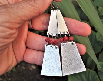 Hammered Oxidized Silver Earrings Long Double Dangling Geometric Earrings with Red Lava Beads Metalwork Unique Handmade Earrings