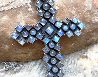 Sterling Silver 925 Large Moonstone Cross Pendant Necklace, Huge Gemstone set in Bezels with Chain