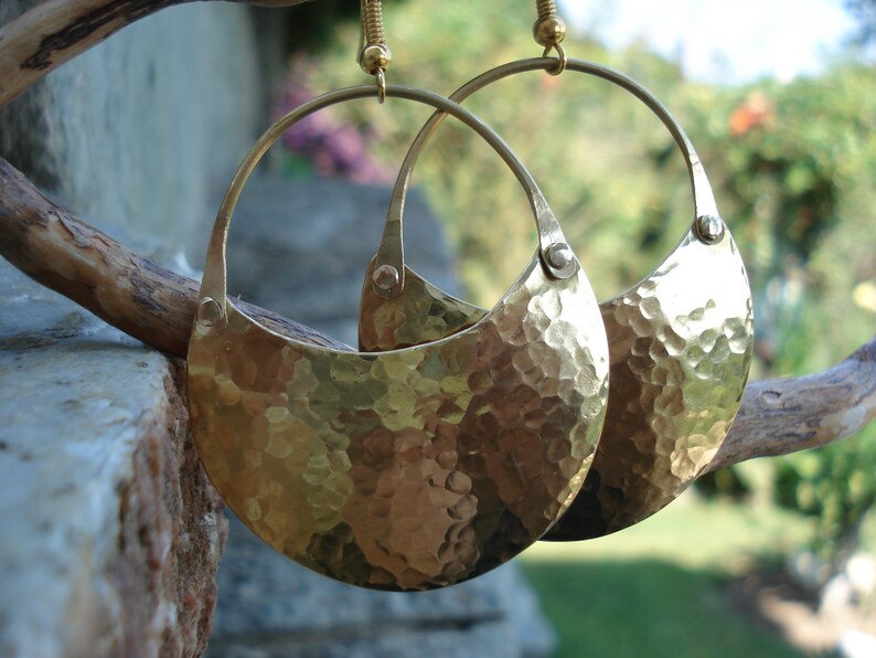 Hammered Bronze Large Hoop Earrings Bronze Crescent Riveted Etsy