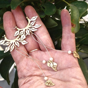 Long Leaf Hoop Earrings Bronze Leaves Earrings Pearls Leaf Very Long Earrings Wedding Hoop Earrings Unique Bridal Hoop Floral Earrings image 8