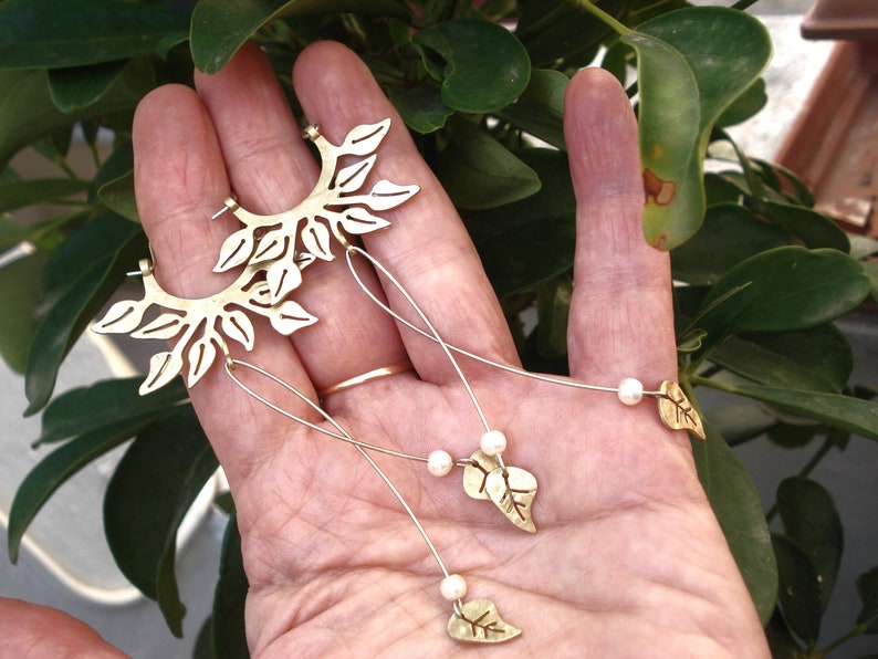 Long Leaf Hoop Earrings Bronze Leaves Earrings Pearls Leaf Very Long Earrings Wedding Hoop Earrings Unique Bridal Hoop Floral Earrings image 8