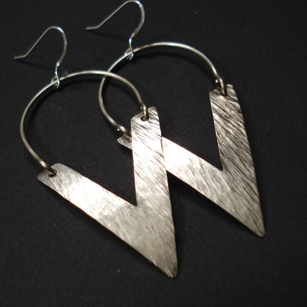 Silver Hammered Triangle Hoop Handmade Earrings Metalwork Silver  Long Earrings Geometric Modern Hoop Earrings Contemporary Earrings