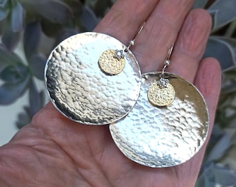 Mixed Metal Disc Earrings Large Hammered Metalwork Jewelry Silver Brass Dangle Earrings