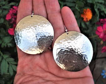 Hammered Silver Disc Earrings Large Metalwork Unique Earrings Modern Silver Handmade Earrings Minimal Simplistic Silver Earrings